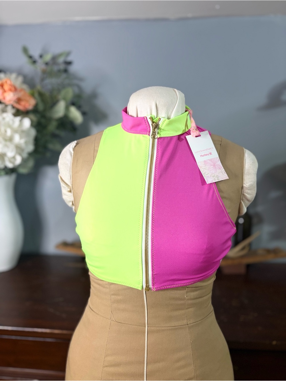 LoveShackFancy/ Hurley Neon Green & Hot Pink Zip Crop Vest